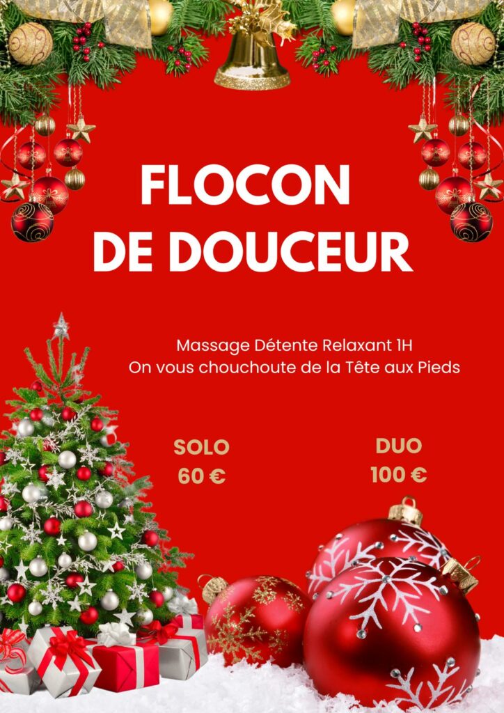 affiche de l'offre de Noël 2025 Flocon de Douceur, massage relaxant d'1 heure solo ou Duo