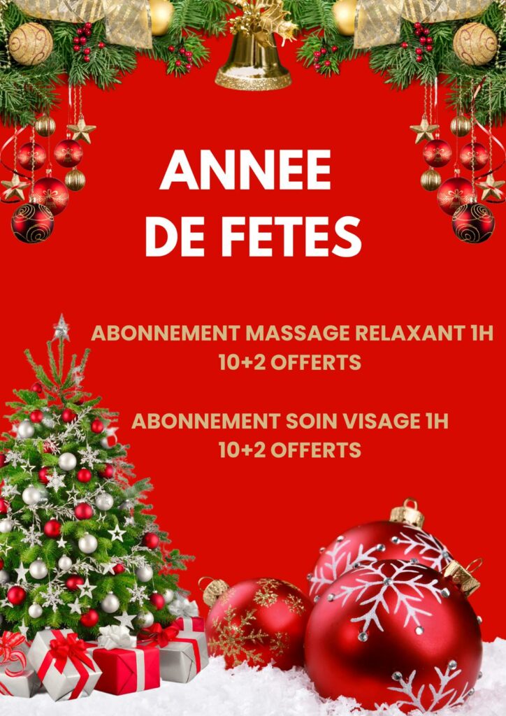 affiche de l'offre de Noël 2025 Année de Fêtes, abonnements massage relaxant et soin du visage : 10+2 offerts